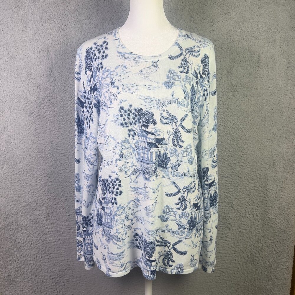 J Mclaughlin Sweater Womens Large White Blue Printed Long Sleeve Preppy